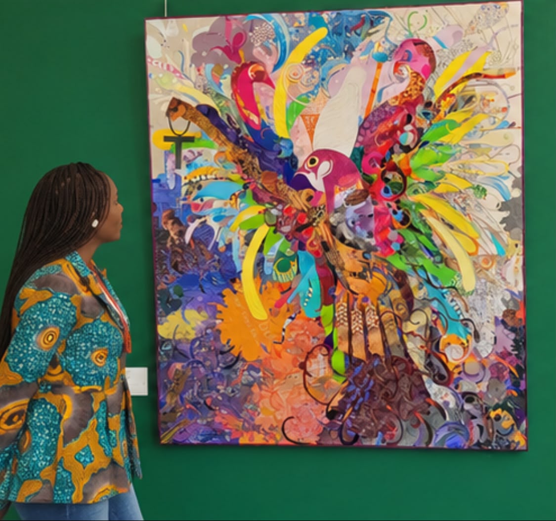 Visiteuse devant une œuvre contemporaine colorée