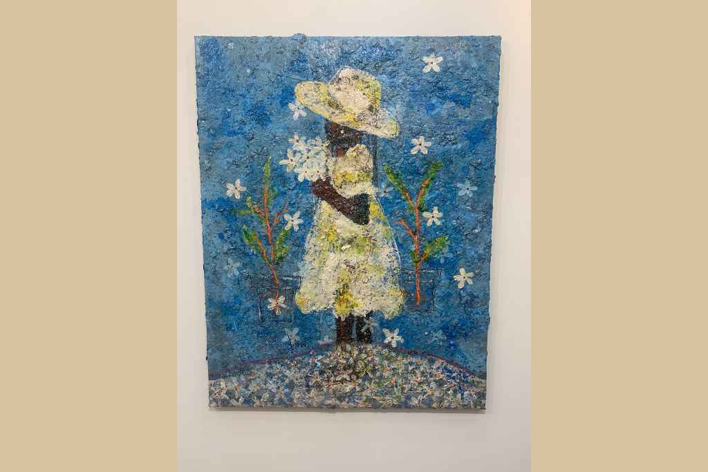Le Bonheur, 2025 Signée, titrée Acrylique, poudre et copeaux de bois, pastels, charbon et feutre sur toile 116 x 90 cm Pièce unique